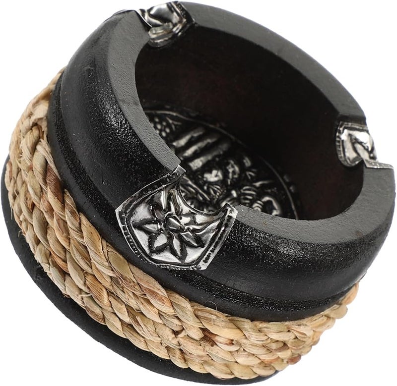 صحن رماد خشبي كلاسيكي أسود دائري لحامل الرماد لتزيين المنزل والحانة والمكتب - Image 1